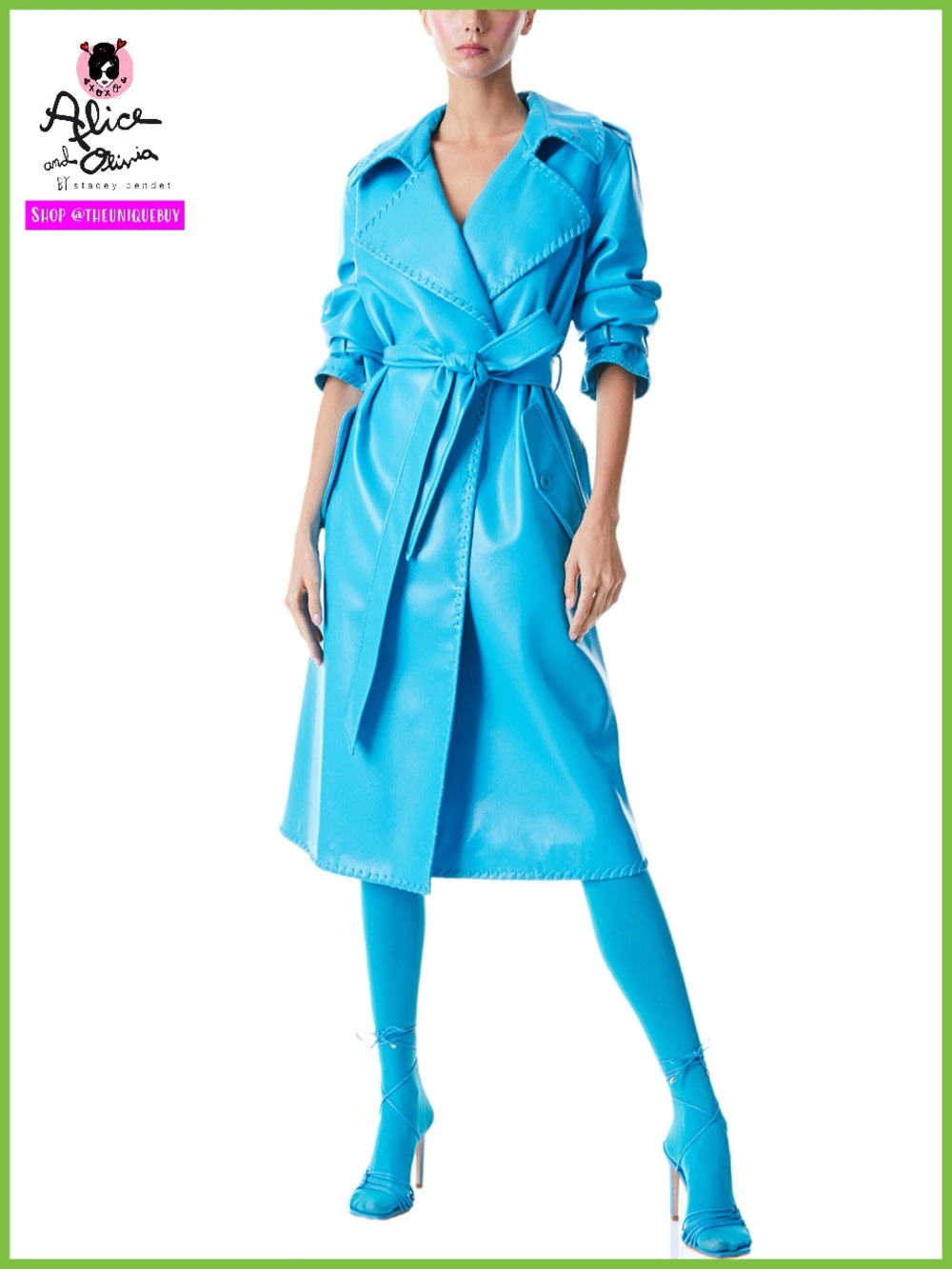 Alice + Olivia Nevada Vegan Leather Blue Midi Long Trench Coat Jacket